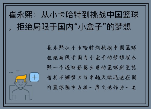 崔永熙:从小卡哈特到挑战中国篮球,拒绝局限于国内“小盒子”的梦想