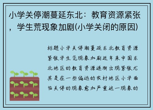 小学关停潮蔓延东北：教育资源紧张，学生荒现象加剧(小学关闭的原因)