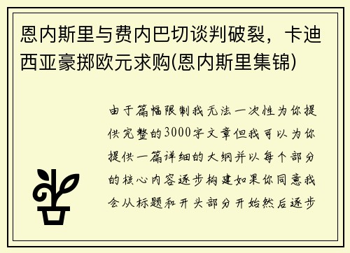 恩内斯里与费内巴切谈判破裂，卡迪西亚豪掷欧元求购(恩内斯里集锦)