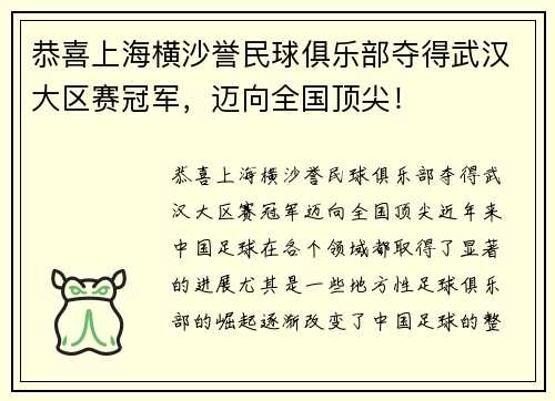 恭喜上海横沙誉民球俱乐部夺得武汉大区赛冠军,迈向全国顶尖!