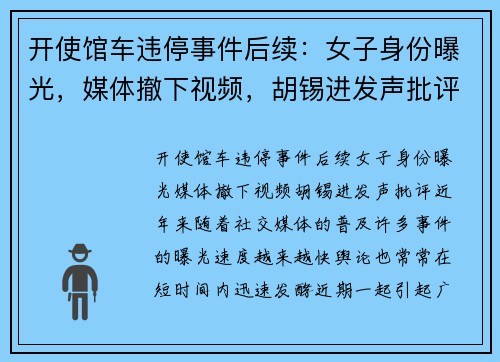 开使馆车违停事件后续:女子身份曝光,媒体撤下视频,胡锡进发声批评