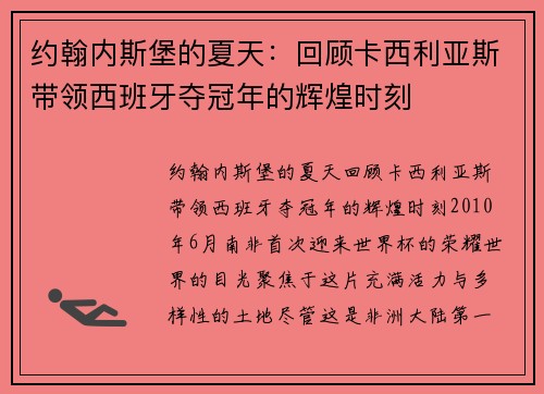 约翰内斯堡的夏天：回顾卡西利亚斯带领西班牙夺冠年的辉煌时刻